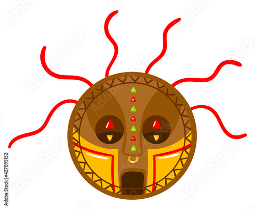 Ethnic sim mask, symbol tribal culture, indian craft, traditional souvenir, cartoon style vector illustration, isolated on white.