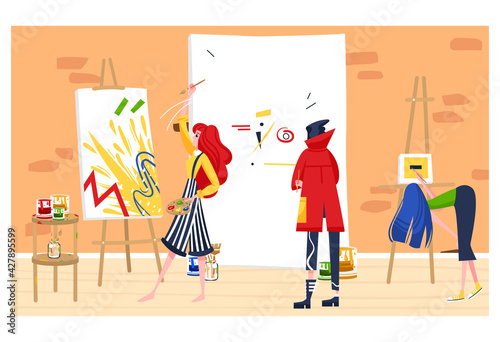Contemporary fine art, gallery draws attention, artist draws picture, workshop exhibition, design, flat style vector illustration.