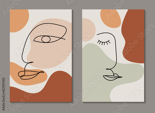 Modern line art face. Set of abstract backgrounds with minimal shapes and lines. Home decor design. Hand drawn watercolor effect painting shapes and line art faces. Contemporary boho design.