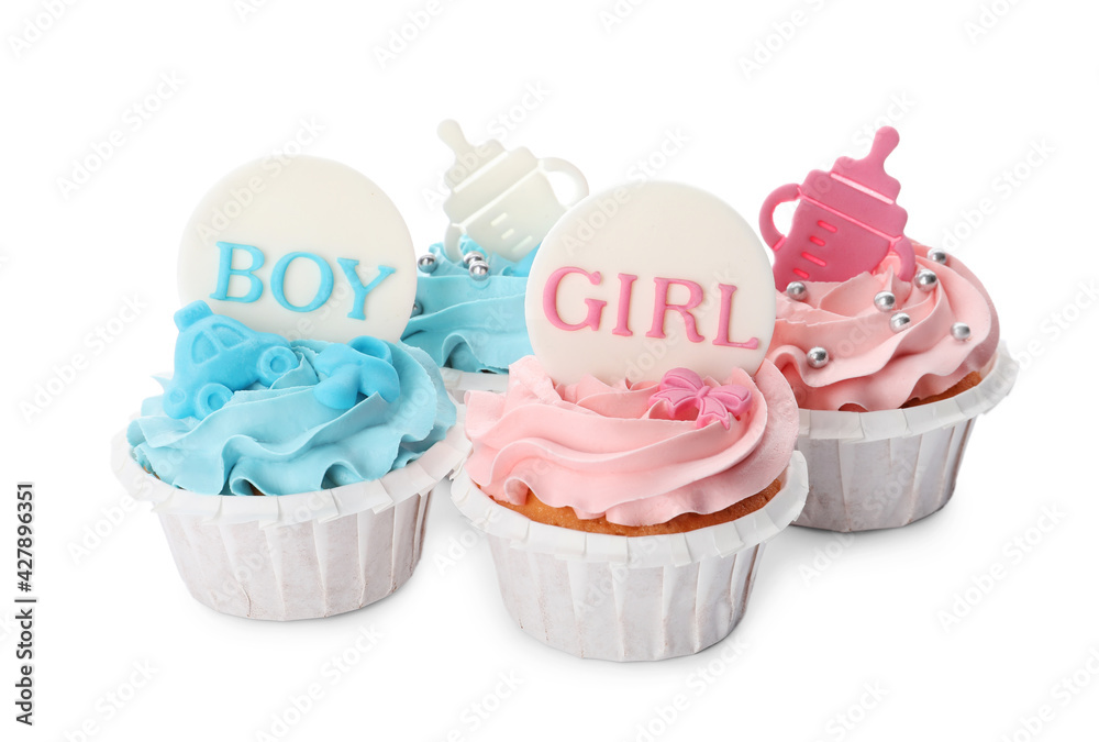 Baby shower cupcakes with light blue and pink cream on white background Baby shower cupcakes with light blue and pink cream on white background