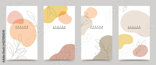 Vector set of background templates with  trendy colored shapes and minimal hand drawn leaves in line art.Illustration for posters invitation and social media stories and posts cover.