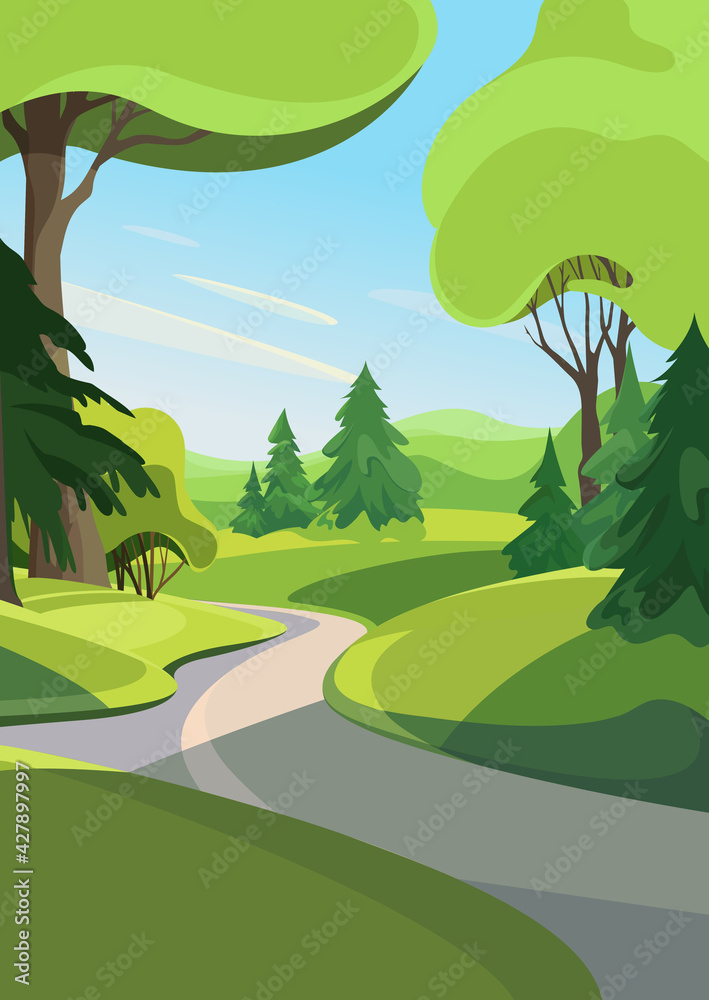 Road out of the forest. Summer landscape in vertical orientation.