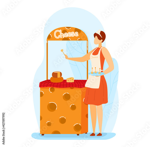 Exhibition types cheese, promotion advertising dairy products, tasting outgrowth, design, flat style vector illustration.