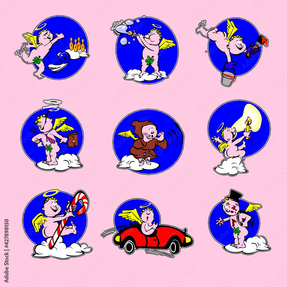 Stickers angels set icons, collection cupids signs. Set of amur with characters in motion