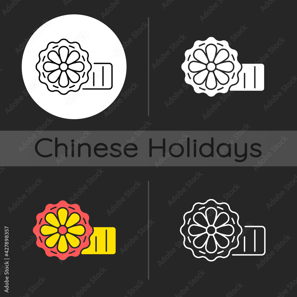 Mooncakes dark theme icon. Chinese bakery product. Mid-autumn festival. Harvest moon. Chinese autumnal season. Linear white, simple glyph and RGB color styles. Isolated vector illustrations Mooncakes dark theme icon. Chinese bakery product. Mid-autumn festival. Harvest moon. Chinese autumnal season. Linear white, simple glyph and RGB color styles. Isolated vector illustrations