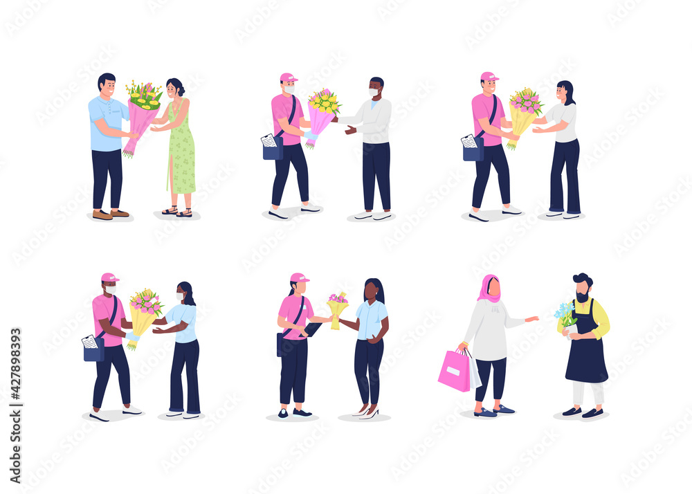 Flower delivery couriers with customers flat color vector detailed and faceless character set. Receive bouquet isolated cartoon illustration for web graphic design and animation collection