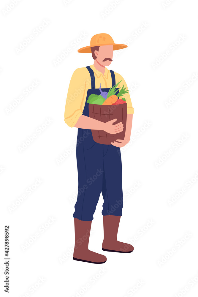 Caucasian farmer with bucket of vegetables flat color vector faceless character. Gathering crop, harvest. Essential worker isolated cartoon illustration for web graphic design and animation