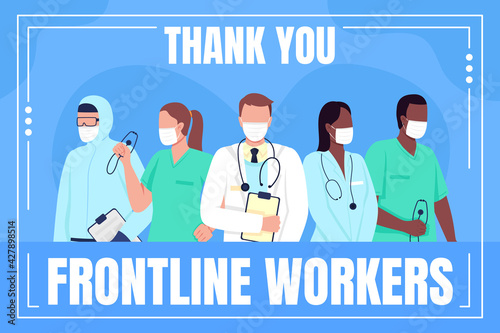 Medical workers social media post mockup. Thank you frontline workers phrase. Web banner design template. Covid booster, content layout with inscription. Poster, print ads and flat illustration