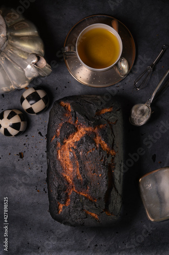 Dark Food photography, Burnt bread, text space