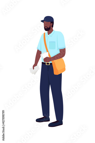 African american postman flat color vector faceless character. Delivery man with envelopes. Postal service. Essential worker isolated cartoon illustration for web graphic design and animation