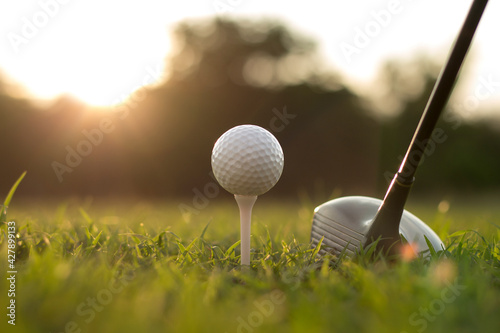 Golf clubs and golf balls on a green lawn in a beautiful golf course