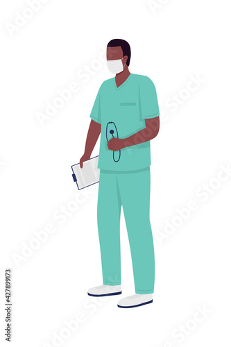 African american surgeon flat color vector faceless character. Doctor in medical mask. Essential frontline worker isolated cartoon illustration for web graphic design and animation