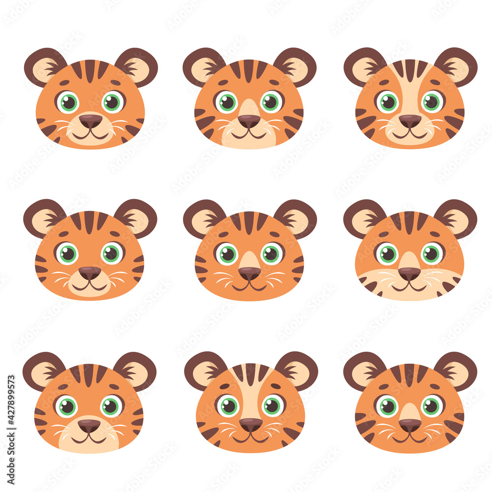 Cute tigers faces. Striped tigers set. Year of the Tiger. Vector illustration