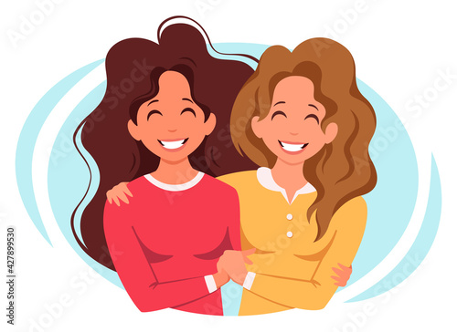 Lesbian couple. Womens hugging. LGBT, pride concept. Vector illustration