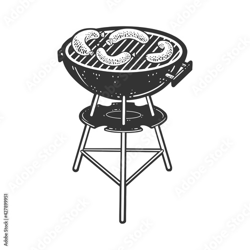 barbecue sausages sketch engraving vector illustration. T-shirt apparel print design. Scratch board imitation. Black and white hand drawn image.