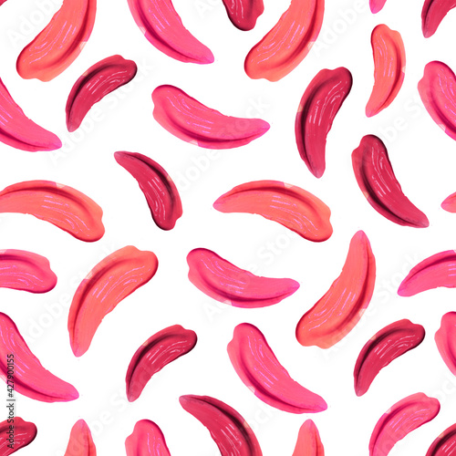 Lipstick smear smudge swatch background. Cream makeup texture. Bright red color cosmetic product brush stroke swipe sample .Seamless pattern 