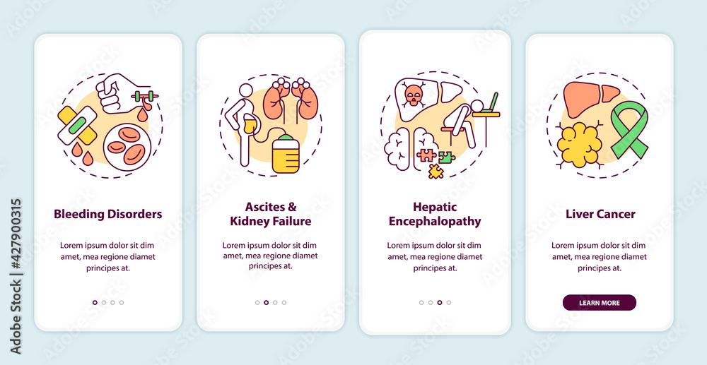Liver failure outcome onboarding mobile app page screen with concepts. Bleeding disorders, cancer walkthrough 4 steps graphic instructions. UI, UX, GUI vector template with linear color illustrations