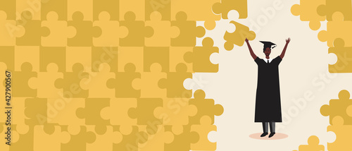 Afro graduate with puzzle, flat vector stock illustration. as a template with copy space for design with black story achievement