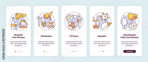 Liver disease types onboarding mobile app page screen with concepts. Cholestasis, cirrhosis walkthrough 5 steps graphic instructions. UI, UX, GUI vector template with linear color illustrations