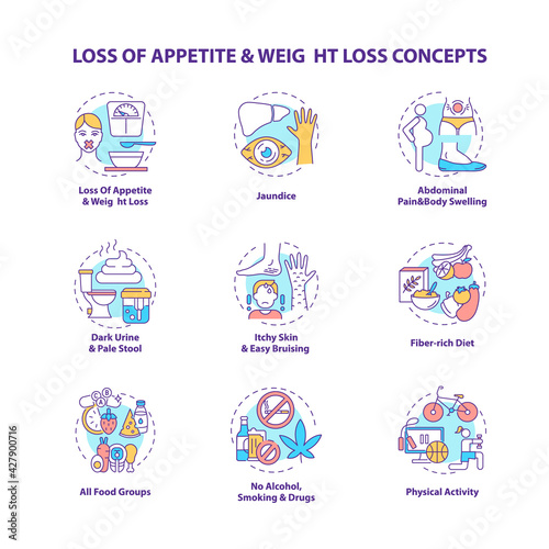 Liver health concept icons set. Symptoms, treatment idea thin line RGB color illustrations. Appetite loss. Jaundice. Fiber-rich diet. Abdominal pain. Vector isolated outline drawings. Editable stroke