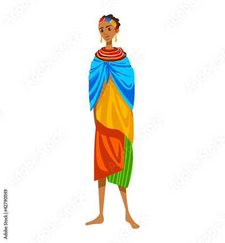 Ethnic africa, tribe traditional aboriginal, girl native culture, isolated on white, design, cartoon style vector illustration.