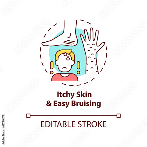Itchy skin and easy bruising concept icon. Liver disease sign idea thin line illustration. Bile salt accumulating under skin. Kidney failure. Vector isolated outline RGB color drawing. Editable stroke