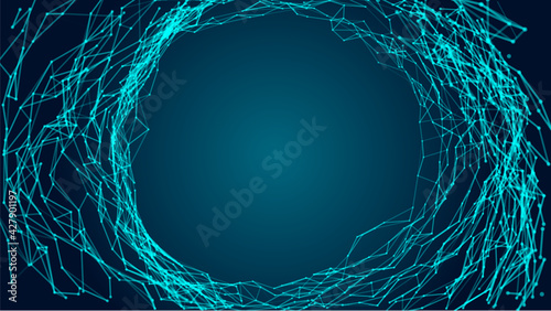 Cyber tunnel consisting of moving glowing points. Vector futuristic infinite space background. Concept of data transfer in cyberspace. Hi-tech illustration.
