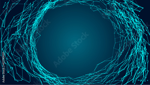 Cyber tunnel consisting of moving glowing points. Vector futuristic infinite space background. Concept of data transfer in cyberspace. Hi-tech illustration.