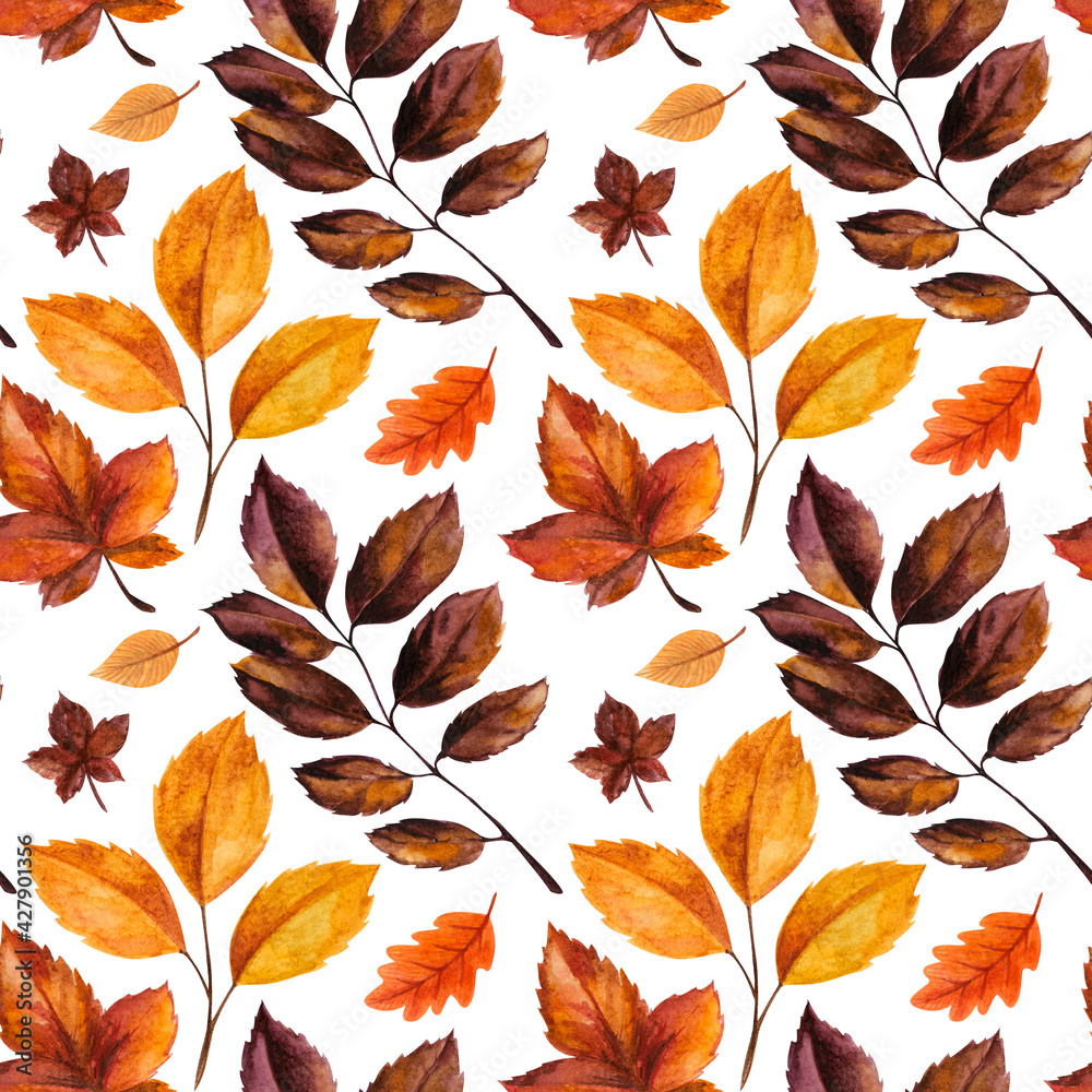 autumn yellow leaves  seamless pattern watercolor illustration digital paper, print for textile design, scrapbooking, wallpaper. natural background