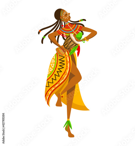 Ethnic girl, africa tribe aboriginal, woman traditional dance, isolated on white, design, cartoon style vector illustration.