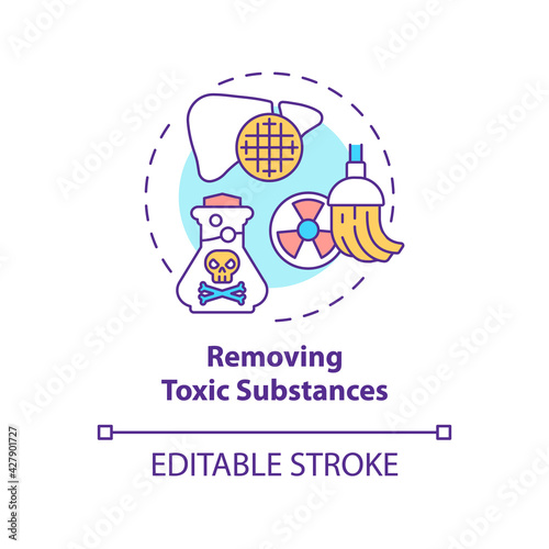 Removing toxic substances concept icon. Liver function idea thin line illustration. Waste products and toxins removing. Filtering blood. Vector isolated outline RGB color drawing. Editable stroke