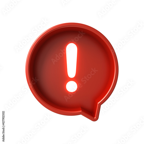 Speech bubble with neon exclamation mark hazard warning attention sign icon isolated on white background 3D rendering