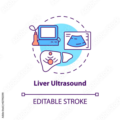 Liver ultrasound concept icon. Examination in abdominal field idea thin line illustration. Diagnostic tool for stomach evaluating. Vector isolated outline RGB color drawing. Editable stroke
