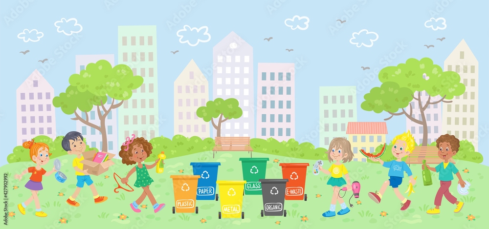 A group of children of different nationalities collects all kinds of waste in different colored trash cans in a city park. Waste sorting. Vector illustration in cartoon style. Isolated on white.