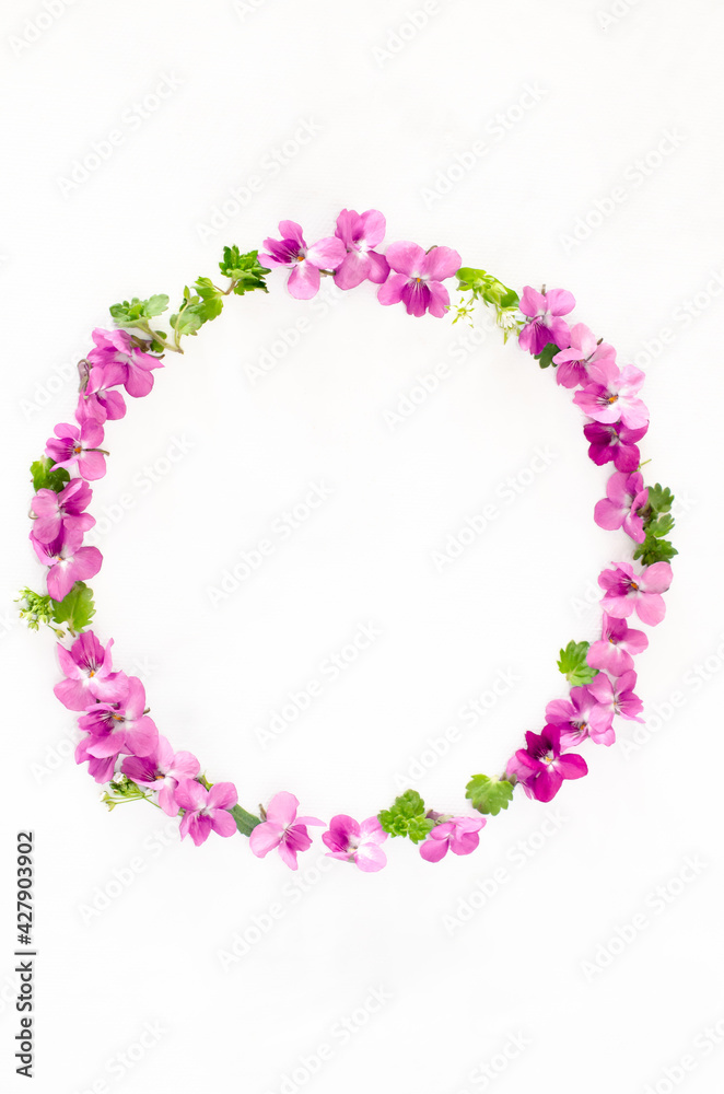 Round frame wreath from spring pink flowers and leaves on a white background. Top view. Flat lay.