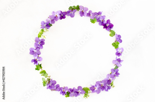 Round frame wreath made of spring wildflowers, lilac flowers and leaves isolated on white background. Top view. Flat lay.