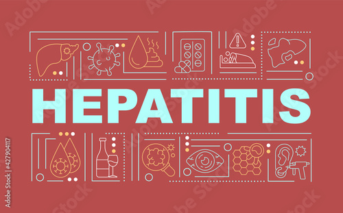 Hepatitis word concepts banner. Liver failure, damage. Inflammatory condition. Infographics with linear icons on red background. Isolated typography. Vector outline RGB color illustration