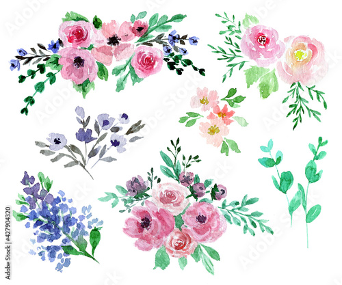Fototapeta Naklejka Na Ścianę i Meble -  Floral set of hand painted loose watercolor flowers