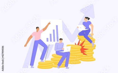 Business success concept illustrations. A team of people moving up the coins ladder.