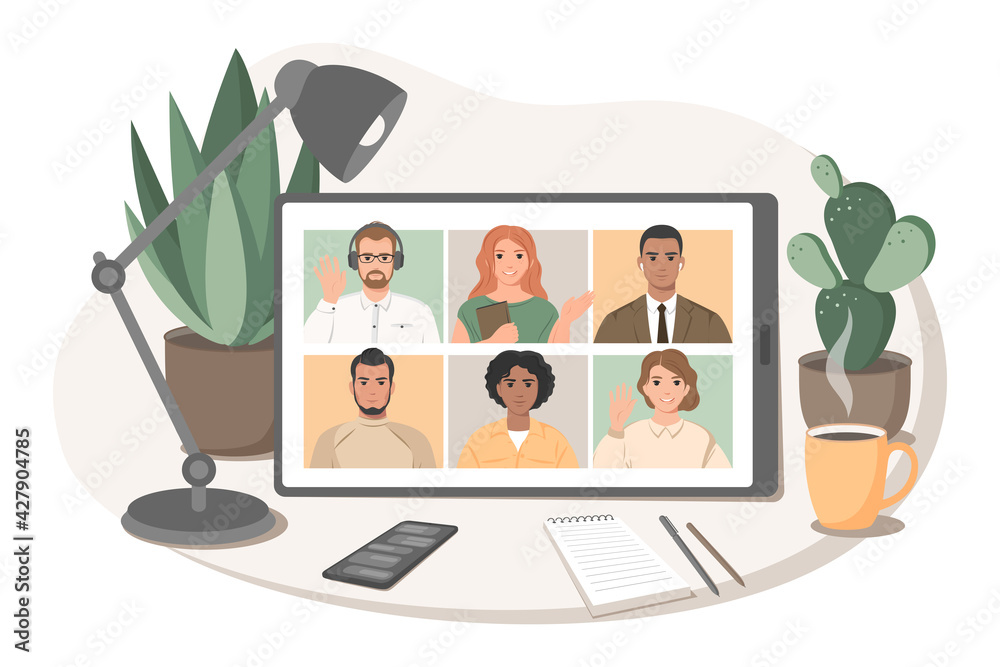 Group of people talking web chatting via video conference. Online meeting, concept  online training or education. Vector illustration in flat style.