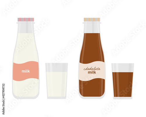 Vector set of milk bottles and glasses with milk. White and chocolate. Realistic execution. For widespread use in print and on the web.