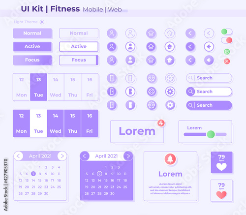 Fitness UI elements kit. Running app settings and options isolated vector icon, bar and dashboard template. Web design widget collection for mobile application with light theme interface