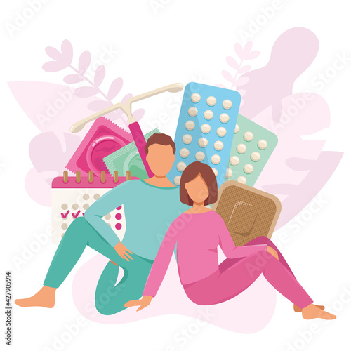 Man and woman are thinking about contraception method. Educational illustration about contraception. Vector illustration 