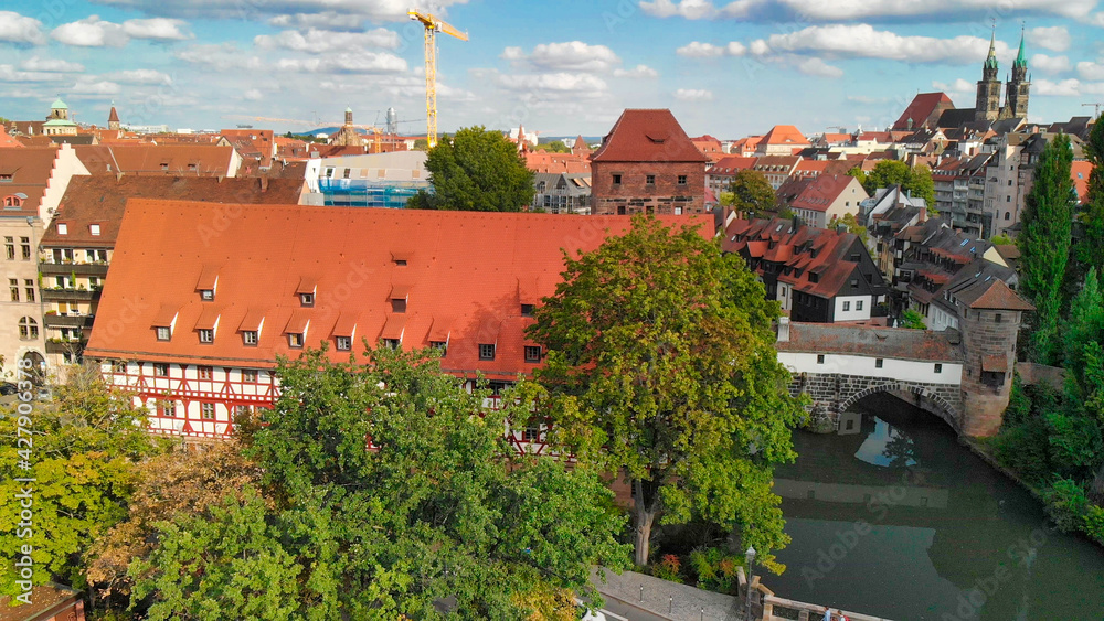 Aerial view of Nuremberg medieval skyline from drone, Germany Aerial view of Nuremberg medieval skyline from drone, Germany