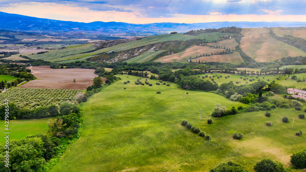 Aerial view of Tuscany Hills in spring season from drone