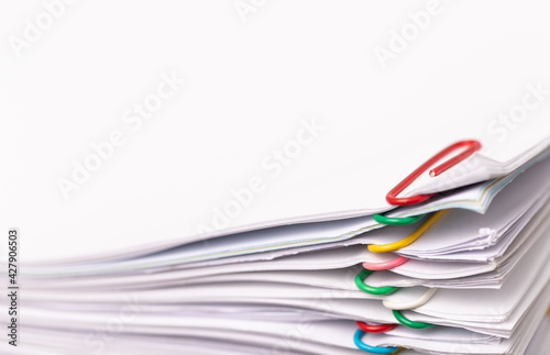 Close-up of Stack Group of report papers Document clipped in color clips.