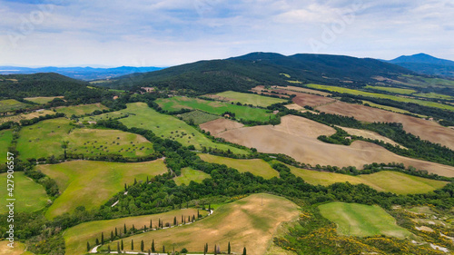 Aerial view of Tuscany Hills in spring season from drone