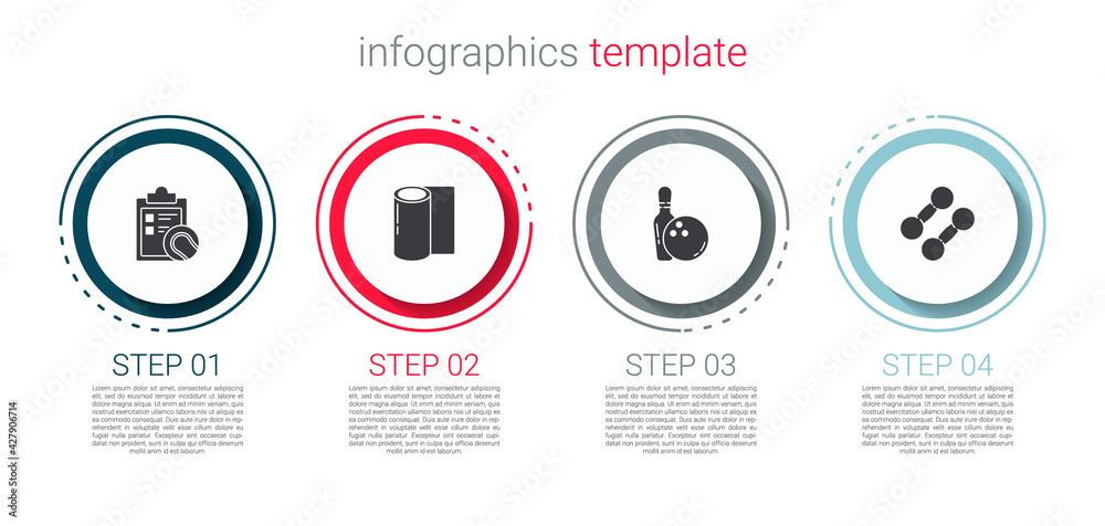 Set Checklist clipboard and tennis ball, Fitness mat roll, Bowling pin and Dumbbell. Business infographic template. Vector Set Checklist clipboard and tennis ball, Fitness mat roll, Bowling pin and Dumbbell. Business infographic template. Vector
