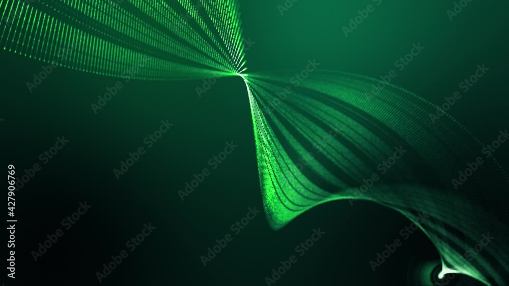 4k looped abstract green background of glow particles form lines, surfaces, spiral structures as futuristic landscape in cyberspace or hologram. Sci-fi theme with DOF, lighting effects and bokeh.