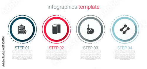 Set Checklist clipboard and tennis ball, Fitness mat roll, Bowling pin and Dumbbell. Business infographic template. Vector